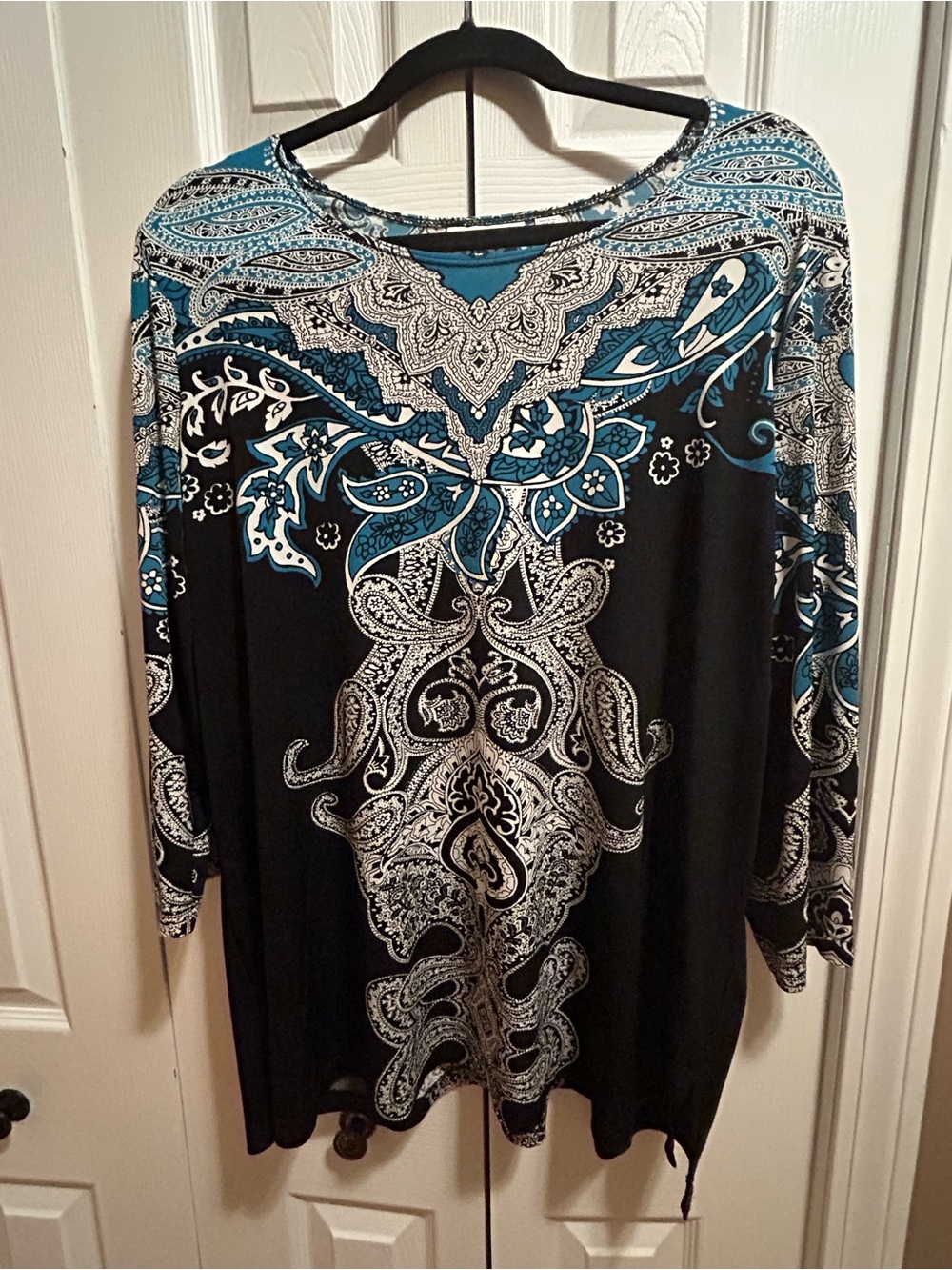 Susan Graver Women's Long Sleeve Paisley Print Top - Black & Teal
